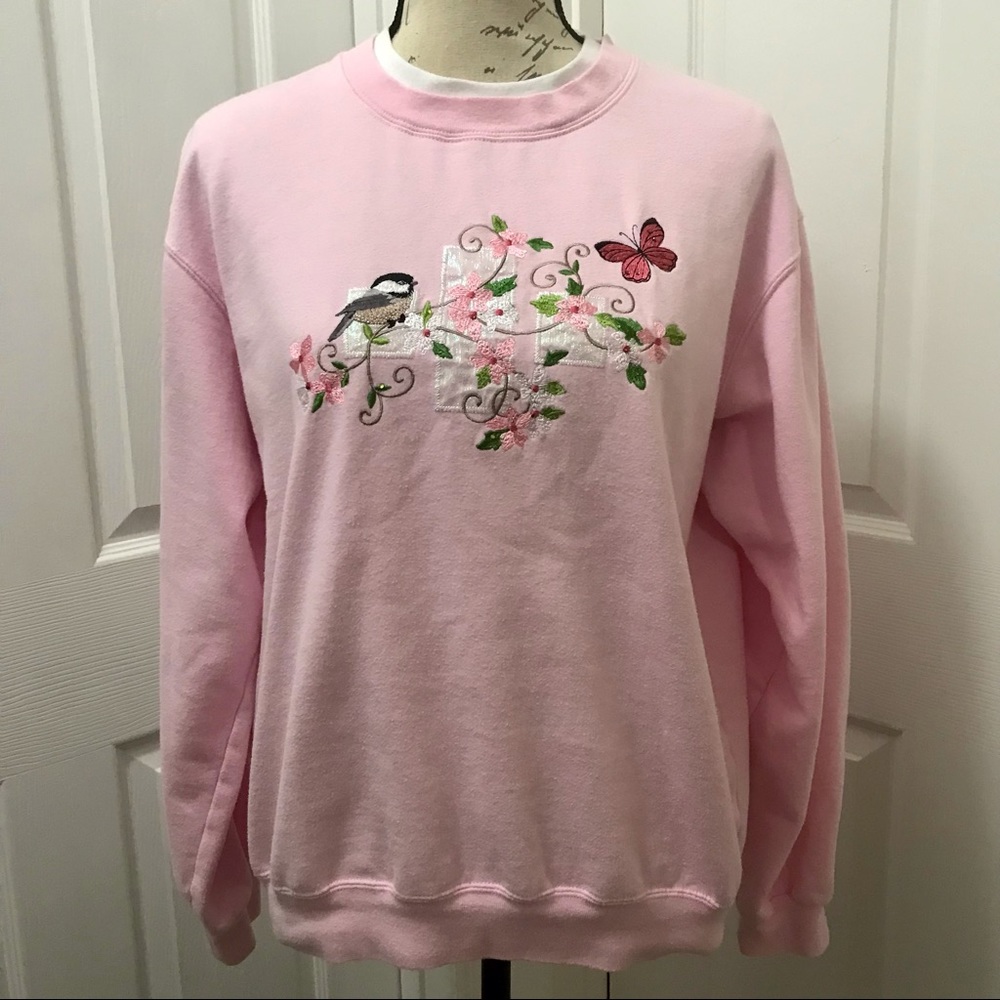 Light Pink VTG 90s Embroidered Sweatshirt/Sweater Butterfly & Bird Crew Neck Med